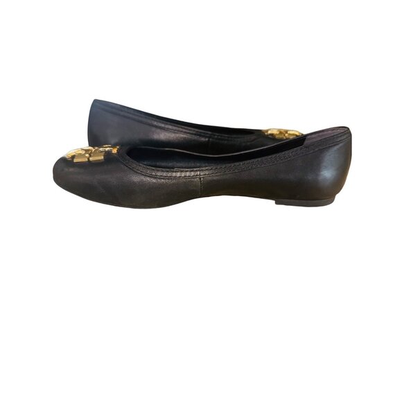 Tory Burch Black Leather Ballet Flats Golden Logo Size 10 Old Money Quiet Luxury - Picture 9 of 11
